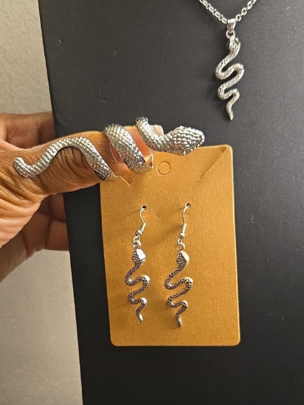 Silver Snake Pendant Necklace with Matching Earrings and Ring - Women Jewelry